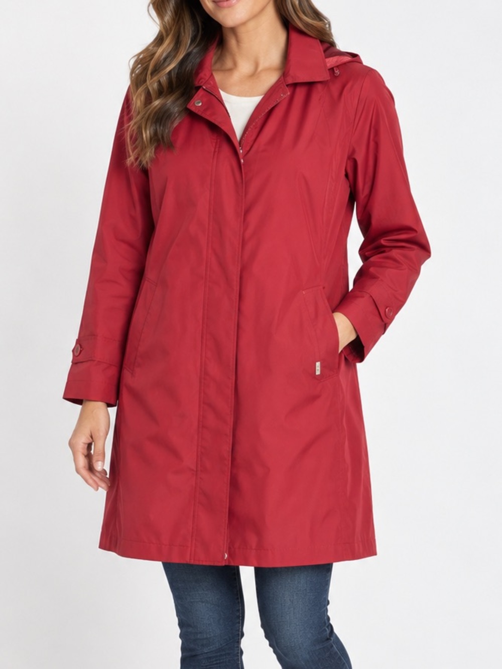 London Fog Red Trench Coat Longline Mid Length Hooded Jacket Women's Small